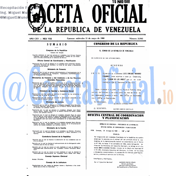 Gaceta Oficial 33963 del 11 Mayo 1988