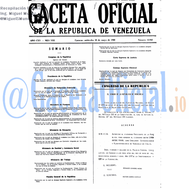 Gaceta Oficial 33968 del 18 Mayo 1988