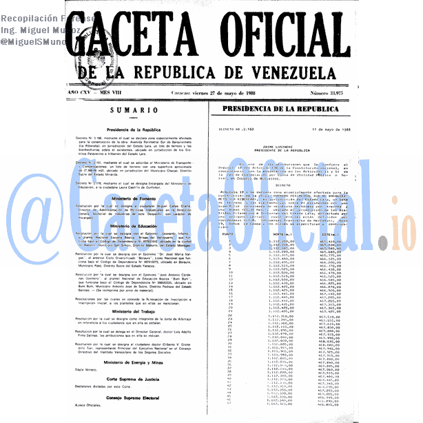 Gaceta Oficial 33975 del 27 Mayo 1988