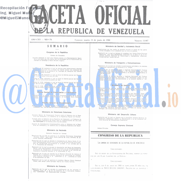 Gaceta Oficial 33987 del 14 Junio 1988