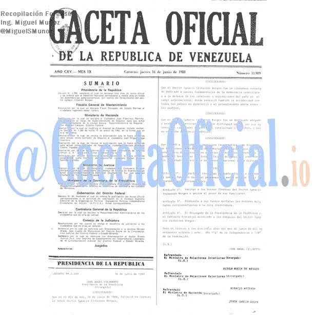 Gaceta Oficial 33989 del 16 Junio 1988