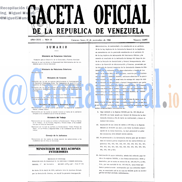 Gaceta Oficial 34097 del 21 Noviembre 1988