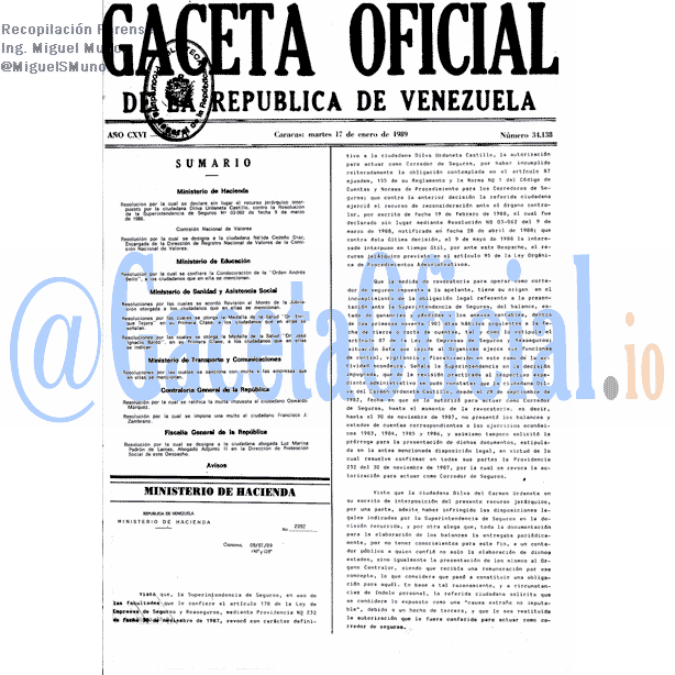 Gaceta Oficial 34138 del 17 Enero 1989