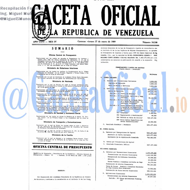 Gaceta Oficial 34146 del 27 Enero 1989