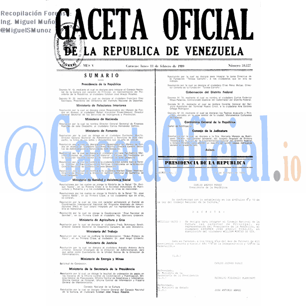 Gaceta Oficial 34157 del 13 Febrero 1989