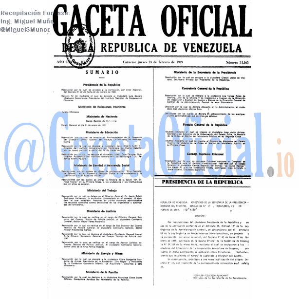 Gaceta Oficial 34165 del 23 Febrero 1989