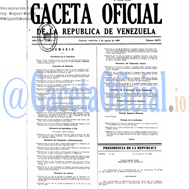 Gaceta Oficial 34274 del 2 Agosto 1989