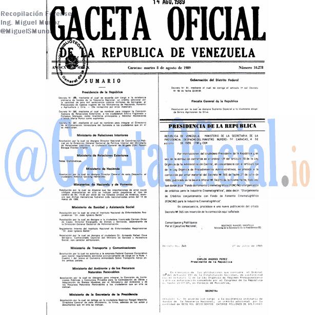 Gaceta Oficial 34278 del 8 Agosto 1989