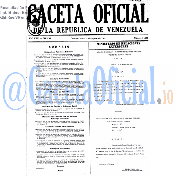 Gaceta Oficial 34282 del 14 Agosto 1989