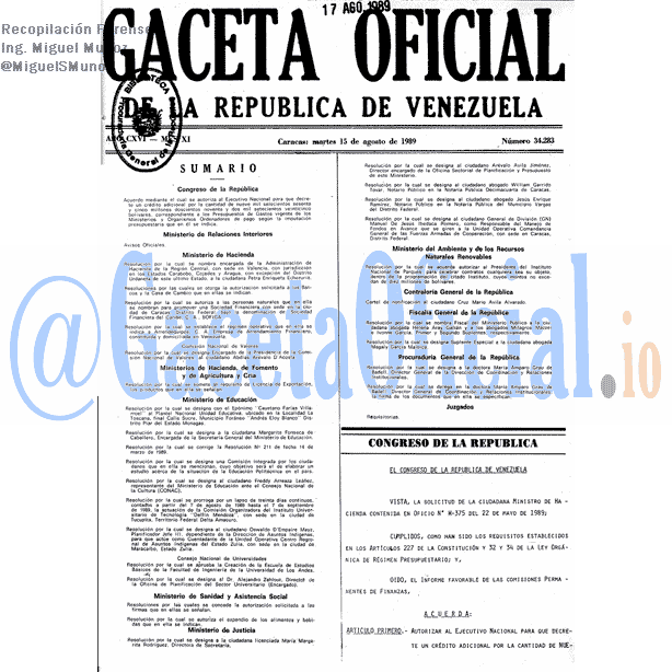 Gaceta Oficial 34283 del 15 Agosto 1989