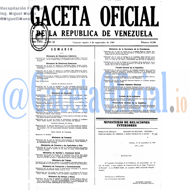 Gaceta Oficial 34298 del 5 Septiembre 1989
