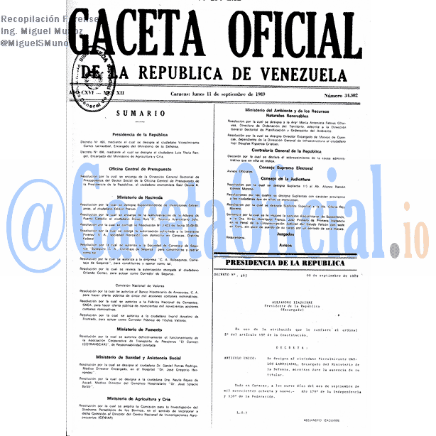 Gaceta Oficial 34302 del 11 Septiembre 1989