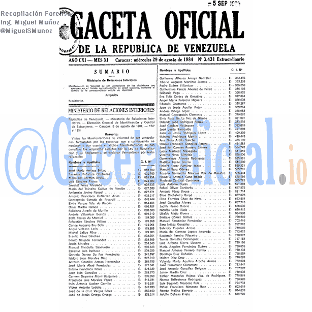 Gaceta Oficial 3431 del 29 Agosto 1984