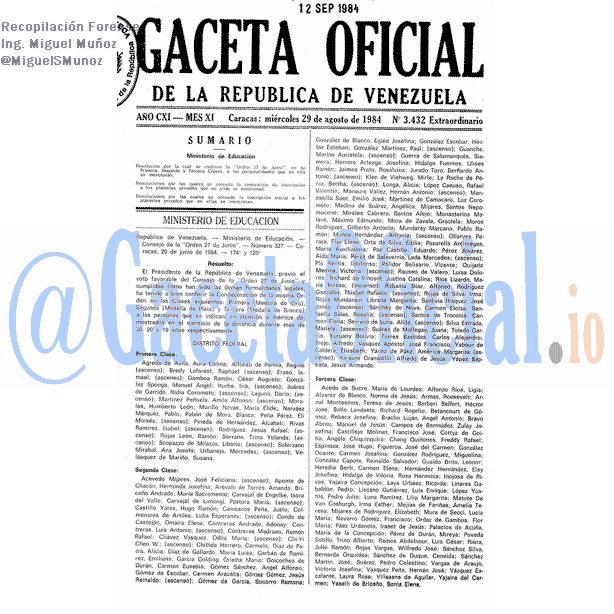 Gaceta Oficial 3432 del 29 Agosto 1984