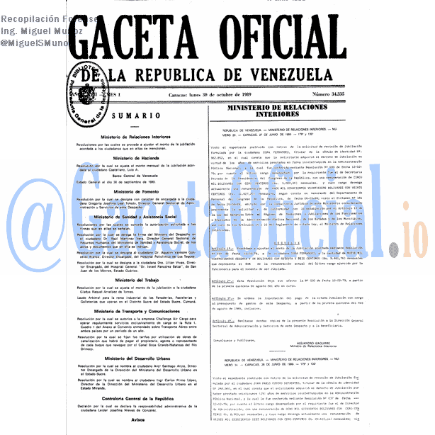 Gaceta Oficial 34335 del 30 Octubre 1989
