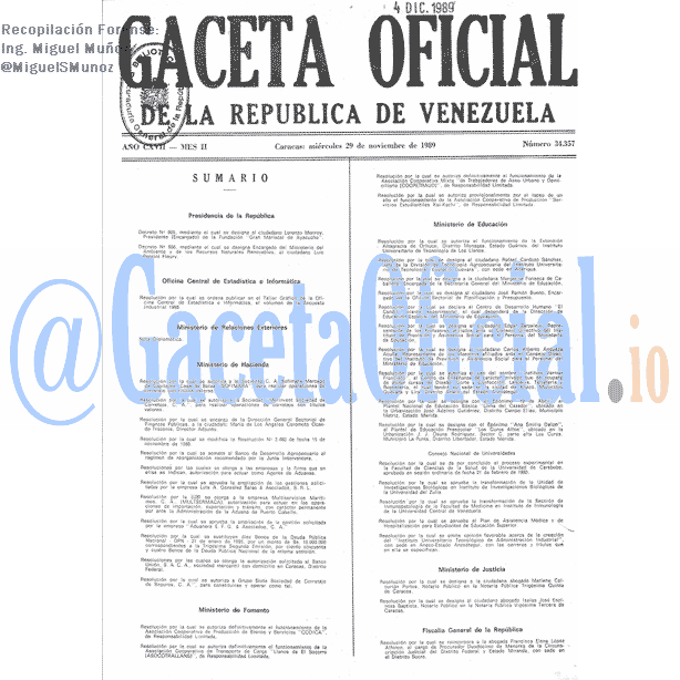 Gaceta Oficial 34357 del 29 Noviembre 1989