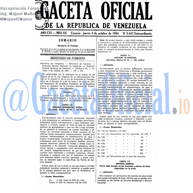 Gaceta Oficial 3447 del 4 Octubre 1984