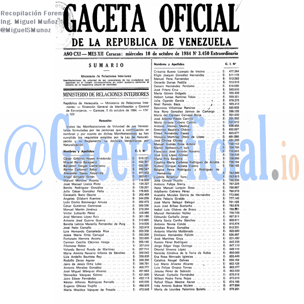 Gaceta Oficial 3450 del 10 Octubre 1984