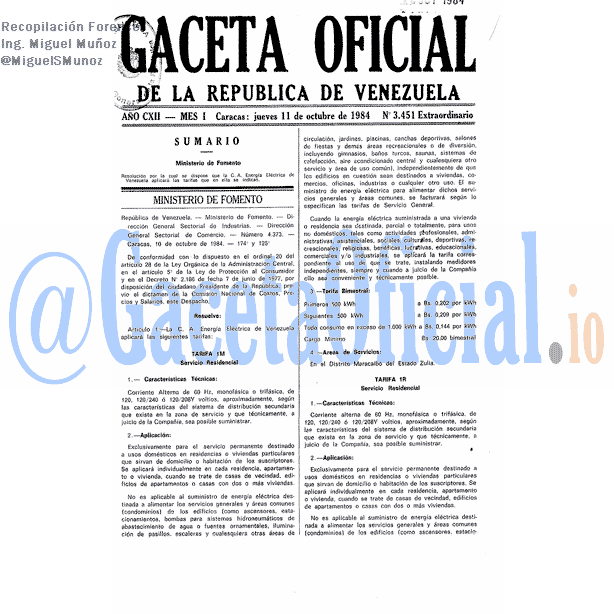 Gaceta Oficial 3451 del 11 Octubre 1984