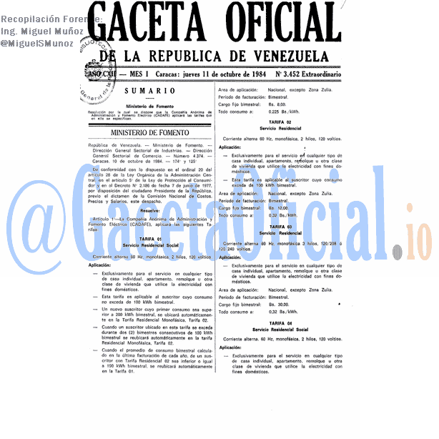 Gaceta Oficial 3452 del 11 Octubre 1984