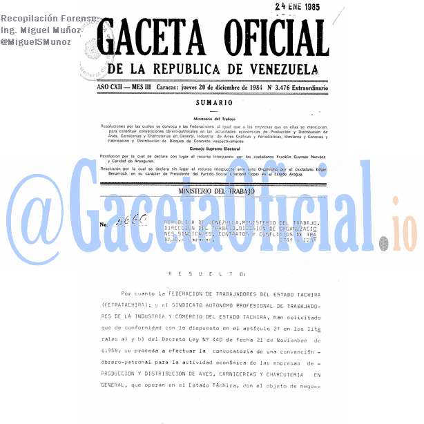 Gaceta Oficial 3476 del 20 Diciembre 1984