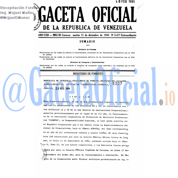 Gaceta Oficial 3477 del 11 Diciembre 1984