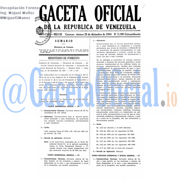 Gaceta Oficial 3490 del 28 Noviembre 1984