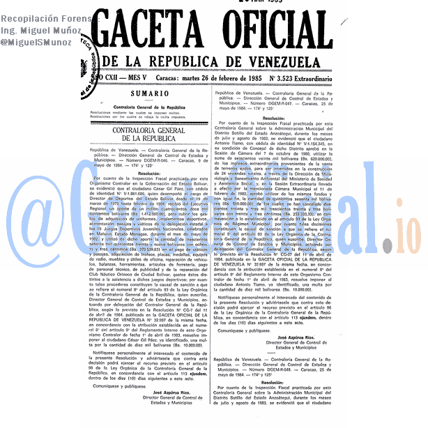 Gaceta Oficial 3523 del 26 Febrero 1985