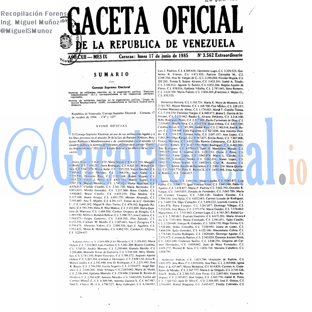 Gaceta Oficial 3562 del 17 Junio 1985