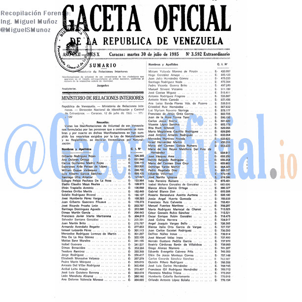 Gaceta Oficial 3592 del 20 Julio 1985