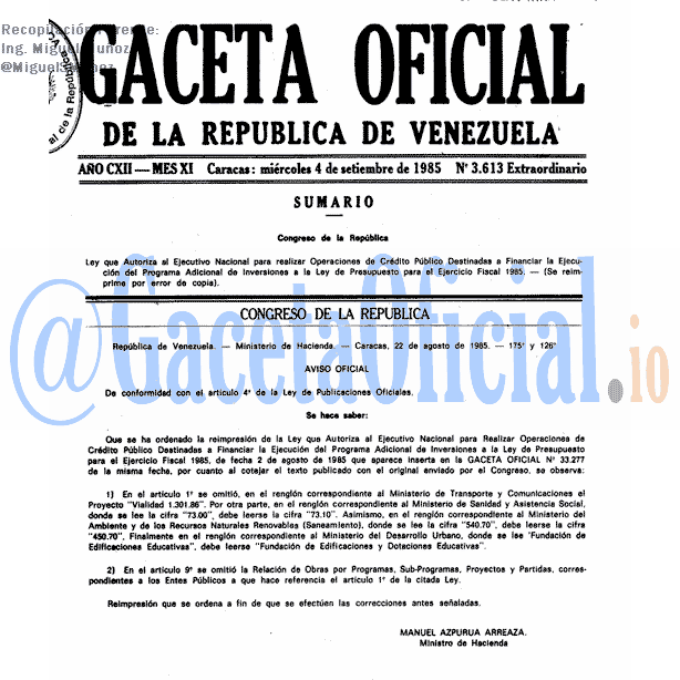 Gaceta Oficial 3613 del 4 Septiembre 1985