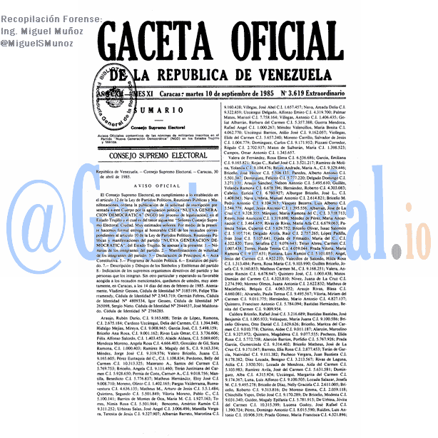 Gaceta Oficial 3619 del 10 Septiembre 1985