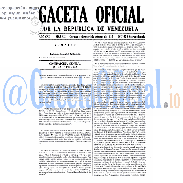 Gaceta Oficial 3638 del 4 Octubre 1985