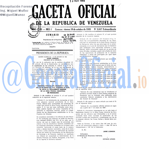 Gaceta Oficial 3647 del 18 Octubre 1985