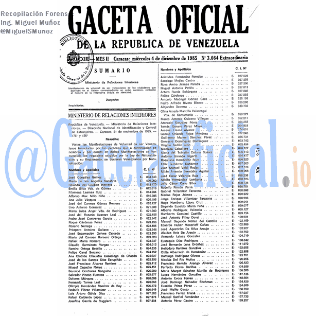 Gaceta Oficial 3664 del 4 Diciembre 1985