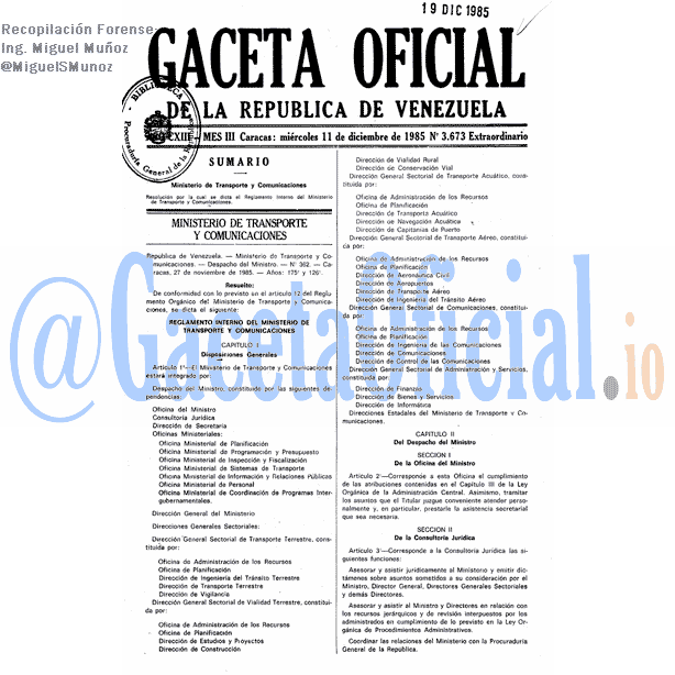 Gaceta Oficial 3673 del 11 Diciembre 1985