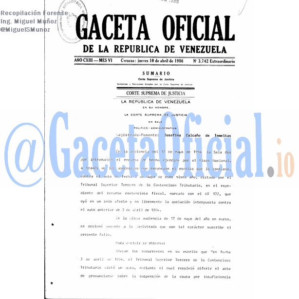 Gaceta Oficial 3742 del 10 Abril 1986