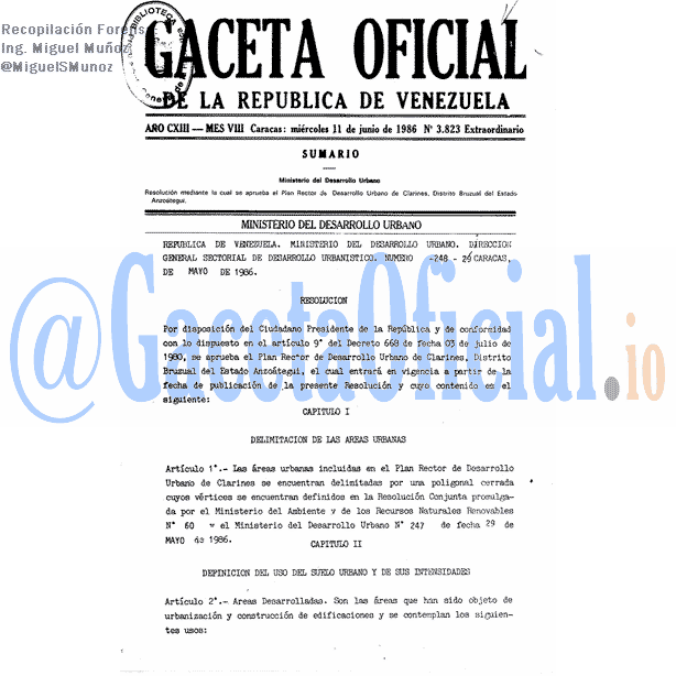 Gaceta Oficial 3823 del 11 Junio 1986