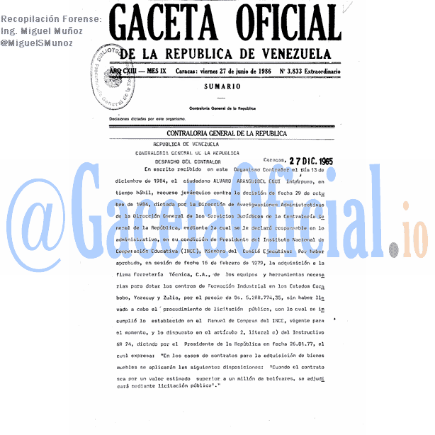 Gaceta Oficial 3833 del 27 Junio 1986