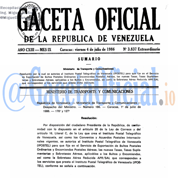 Gaceta Oficial 3837 del 4 Julio 1986
