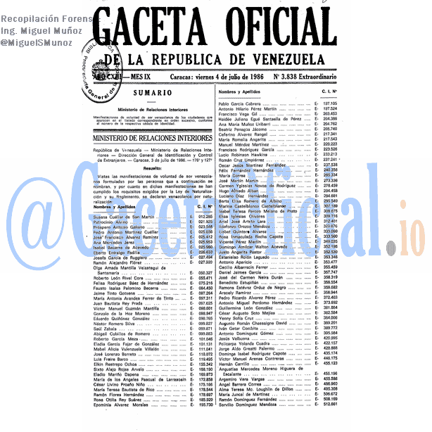 Gaceta Oficial 3838 del 4 Julio 1986