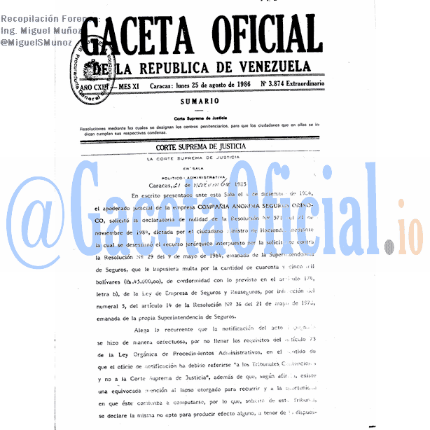 Gaceta Oficial 3874 del 25 Agosto 1986