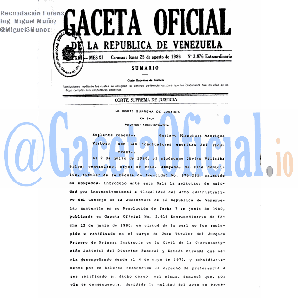 Gaceta Oficial 3876 del 25 Agosto 1986
