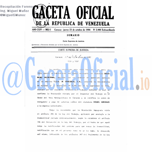 Gaceta Oficial 3908 del 23 Octubre 1986