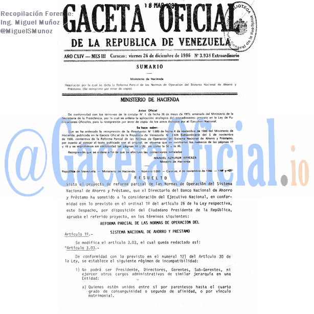 Gaceta Oficial 3938 del 26 Diciembre 1986