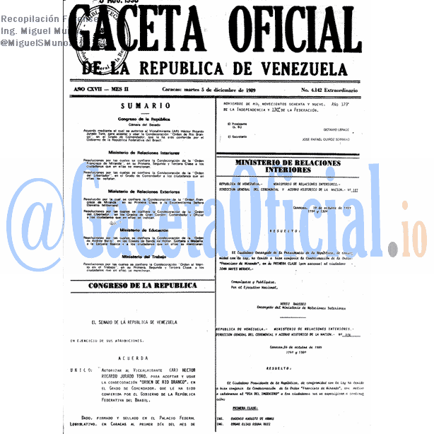 Gaceta Oficial 4142 del 5 Diciembre 1989
