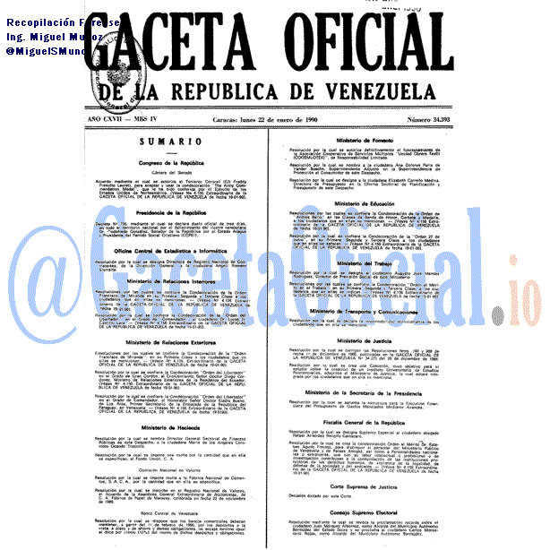 Gaceta Oficial 34393 del 22 Enero 1990