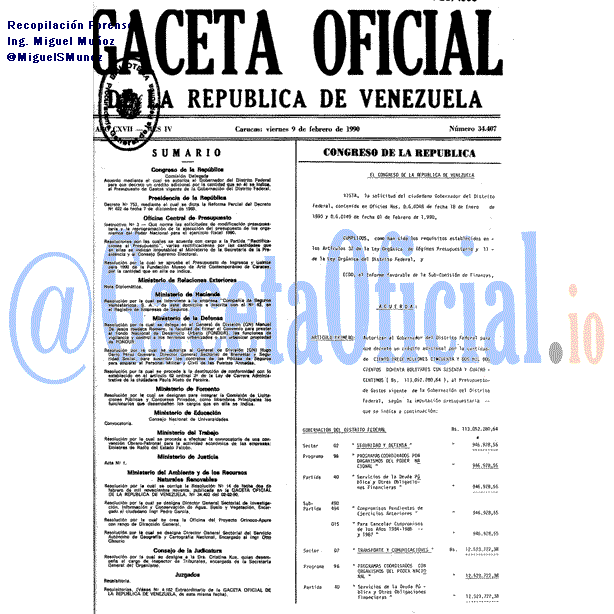 Gaceta Oficial 34407 del 9 Febrero 1990