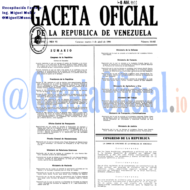 Gaceta Oficial 34442 del 3 Abril 1990