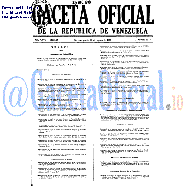 Gaceta Oficial 34540 del 28 Agosto 1990